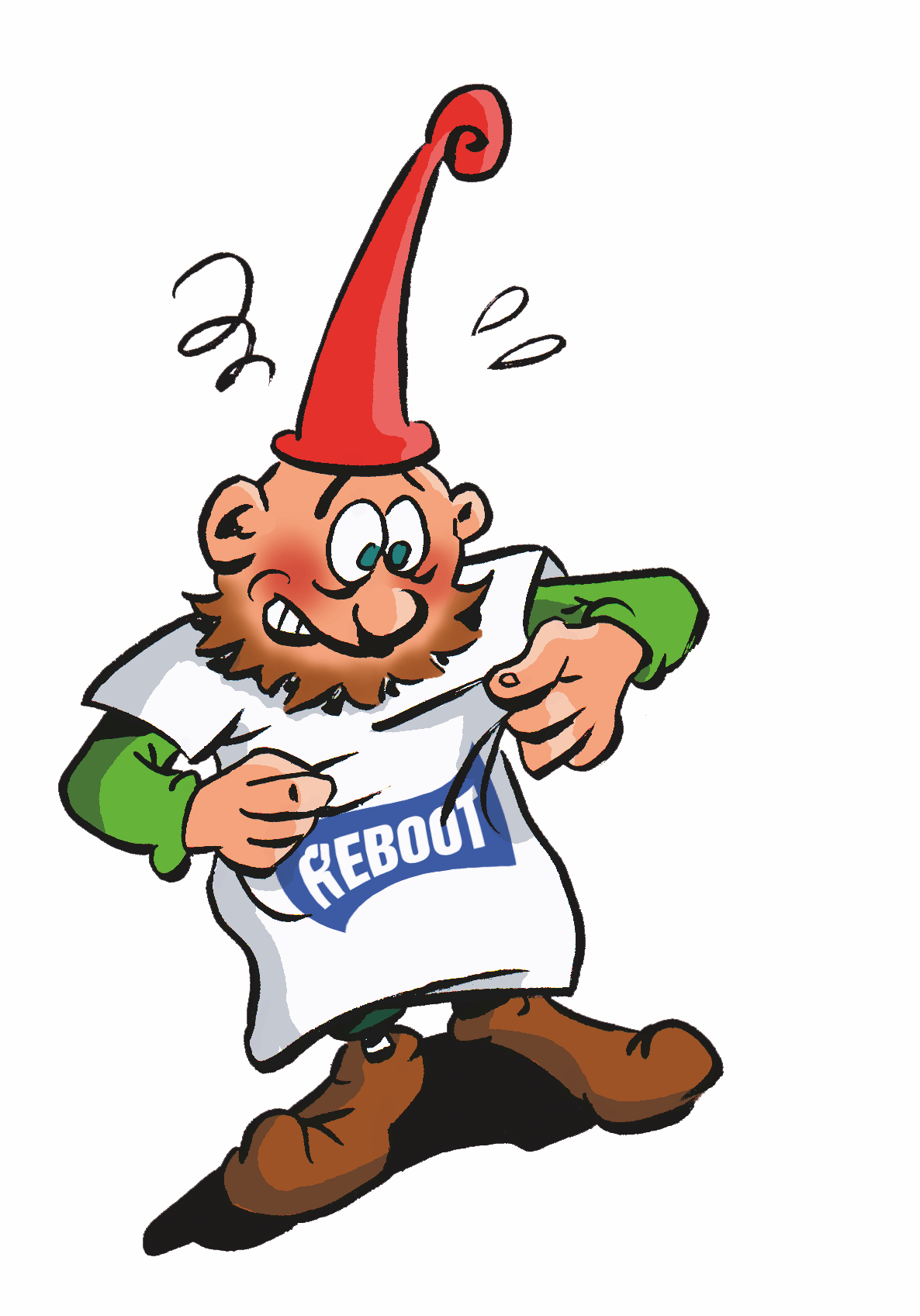 Peer de Plintkabouter met een Reboot Comics t-shirt